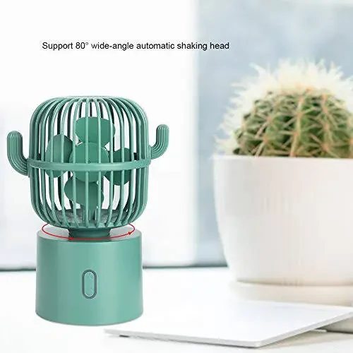 USB Desk Fan, 3 Speeds Adjustable Portable Cute Cactus Desktop Table Fan Two Ways Charging Wide-Angle Shaking Head Mini Personal Cooling Fan for Home, Office, Car, Desktop Decoration(Green) - 3