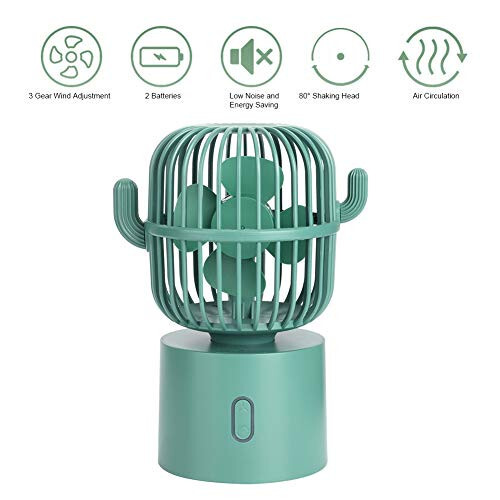 USB Desk Fan, 3 Speeds Adjustable Portable Cute Cactus Desktop Table Fan Two Ways Charging Wide-Angle Shaking Head Mini Personal Cooling Fan for Home, Office, Car, Desktop Decoration(Green) - Crisis (1)