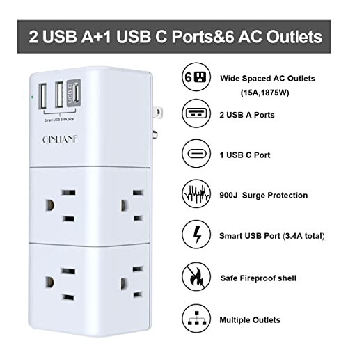 USB Outlet Extender Surge Protector - QINLIANF Multi Plug Outlet with Rotating Plug, 3-Sided Swivel Power Strip with 6 AC Spaced Outlet Splitter and 3 USB Ports (1 USB C) for Travel, Home, Office, ETL - 2