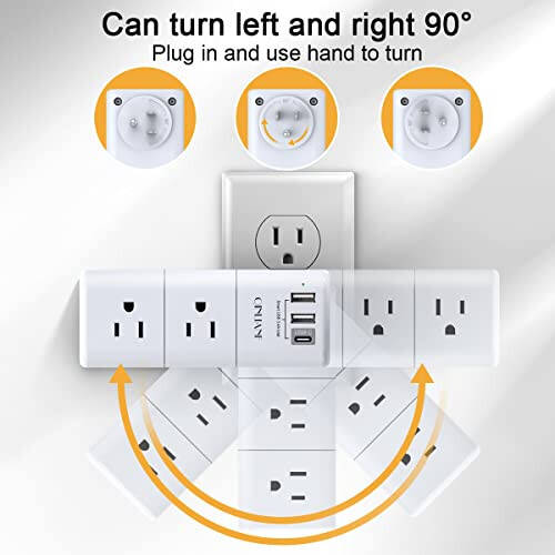 USB Outlet Extender Surge Protector - QINLIANF Multi Plug Outlet with Rotating Plug, 3-Sided Swivel Power Strip with 6 AC Spaced Outlet Splitter and 3 USB Ports (1 USB C) for Travel, Home, Office, ETL - 3