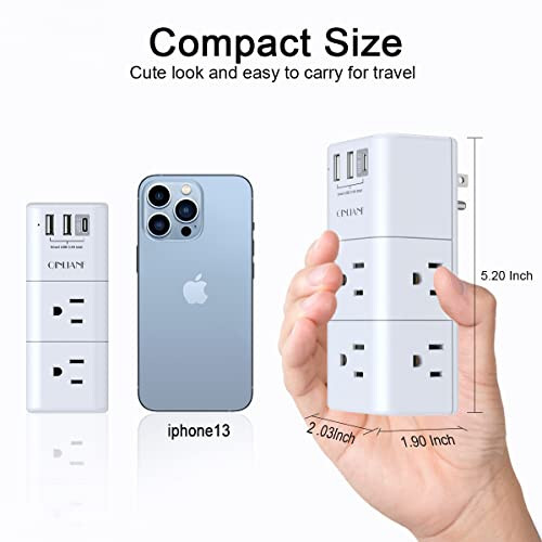 USB Outlet Extender Surge Protector - QINLIANF Multi Plug Outlet with Rotating Plug, 3-Sided Swivel Power Strip with 6 AC Spaced Outlet Splitter and 3 USB Ports (1 USB C) for Travel, Home, Office, ETL - 5