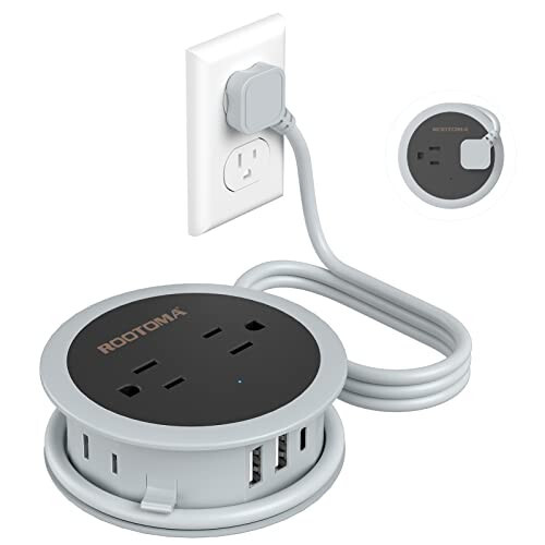 USB Portli sayohat rozetkasi, 4 fut o'raladigan tekis vilkali uzatma simi, 4 ta AC chiqishi, 3 USB (1 USB C), Ko'chma rozetka, sayohat, yotoqxona, kruiz zaruriyatlari, sayohat jihozlari uchun ixcham, kulrang - 1