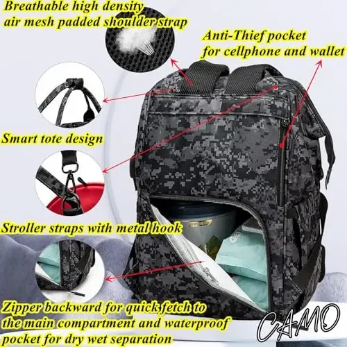 QWREOIA Camo Diaper Bag Backpack for Dad and Mom with USB Charging Port Stroller Straps and Insulated Pocket,army military Travel Nappy Backpack (DADDY and MOMMY patches) - 5