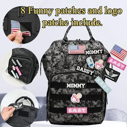 QWREOIA Camo Diaper Bag Backpack for Dad and Mom with USB Charging Port Stroller Straps and Insulated Pocket,army military Travel Nappy Backpack (DADDY and MOMMY patches) - 3