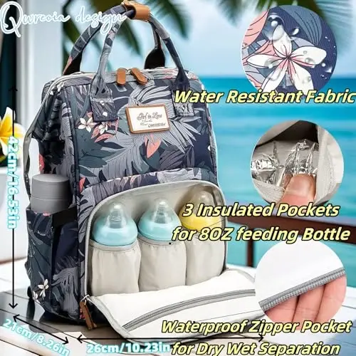 QWREOIA Floral Diaper Bag Backpack with USB Charging Port Stroller Straps and Insulated Pocket,Travel Nappy BackpackFor Women/Mum (Flower Pattern) - 3