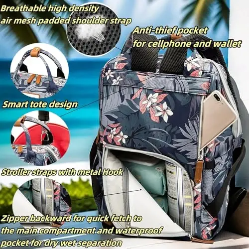 QWREOIA Floral Diaper Bag Backpack with USB Charging Port Stroller Straps and Insulated Pocket,Travel Nappy BackpackFor Women/Mum (Flower Pattern) - 6