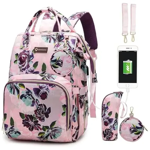 QWREOIA Floral Diaper Bag Backpack with USB Charging Port Stroller Straps and Insulated Pocket,Travel Bag Nappy Backpack For Women/Mum (Rose Flower Pattern) 