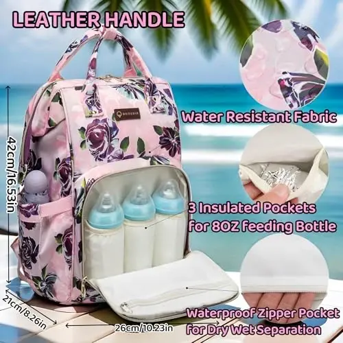 QWREOIA Floral Diaper Bag Backpack with USB Charging Port Stroller Straps and Insulated Pocket,Travel Bag Nappy Backpack For Women/Mum (Rose Flower Pattern) - 2