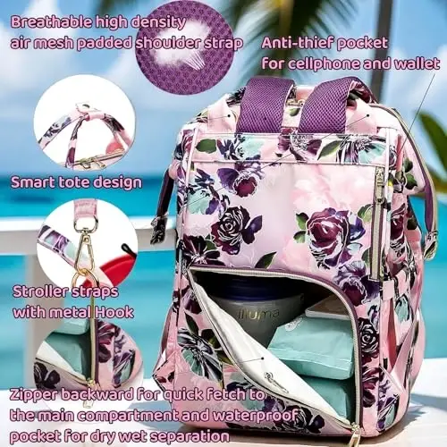 QWREOIA Floral Diaper Bag Backpack with USB Charging Port Stroller Straps and Insulated Pocket,Travel Bag Nappy Backpack For Women/Mum (Rose Flower Pattern) - 4