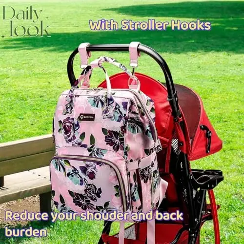 QWREOIA Floral Diaper Bag Backpack with USB Charging Port Stroller Straps and Insulated Pocket,Travel Bag Nappy Backpack For Women/Mum (Rose Flower Pattern) - 6