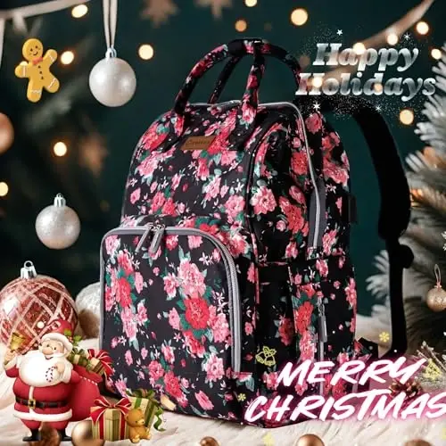 QWREOIA Floral Diaper Bag Backpack with USB Charging Port Stroller Straps and Insulated Pocket, Travel Bag Nappy Backpack For Women/Mum (Red Flower Pattern) - 5