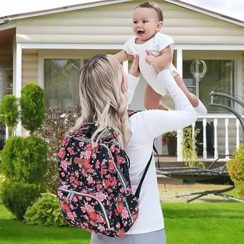 QWREOIA Floral Diaper Bag Backpack with USB Charging Port Stroller Straps and Insulated Pocket, Travel Bag Nappy Backpack For Women/Mum (Red Flower Pattern) - 6
