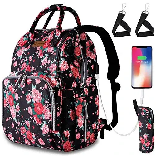 QWREOIA Floral Diaper Bag Backpack with USB Charging Port Stroller Straps and Insulated Pocket, Travel Bag Nappy Backpack For Women/Mum (Red Flower Pattern) - 1
