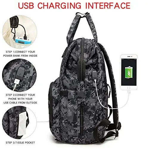 QWREOIA Diaper Bag Backpack with USB Charging Port Stroller Straps and Insulated Pocket,army military Travel Nappy Backpack for Dad/Mom (Black Camo) - 3