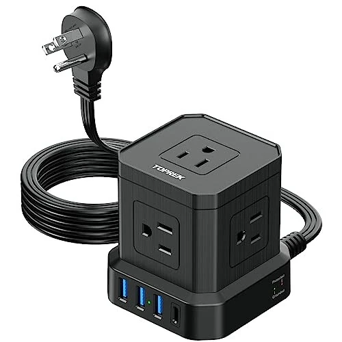 USB va USB-C (3.0A) ulangan rozetka, 5 ta rozetka, 1 ta USB-C & 3 ta USB-A bilan jihozlangan 5 FT ultra ingichka tekis vilkali rozetka, TOPREK rozetka elektr tarmogʻidan himoya qiluvchi qurilma, uy, ofis, yotoqxona, mehmonxona safarlari uchun ixcham - TOPREK
