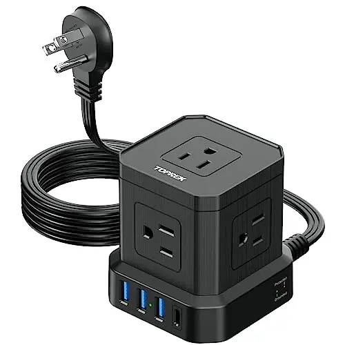 TOPREK Power Strip with USB, USB C (3.0A) Power Strip with 5 Outlets, 1 USB-C & 3 USB-A, 5 FT Flat Extension Cord with Ultra Thin Flat Plug, Surge Protector Compact for Home Office, Dorm, Hotel Travel - 1