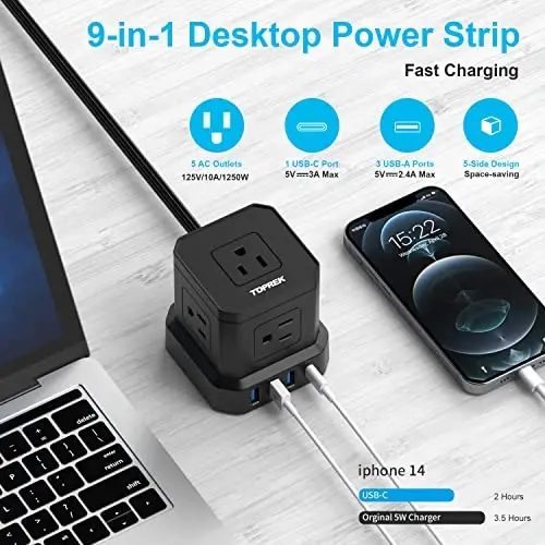TOPREK Power Strip with USB, USB C (3.0A) Power Strip with 5 Outlets, 1 USB-C & 3 USB-A, 5 FT Flat Extension Cord with Ultra Thin Flat Plug, Surge Protector Compact for Home Office, Dorm, Hotel Travel - 2