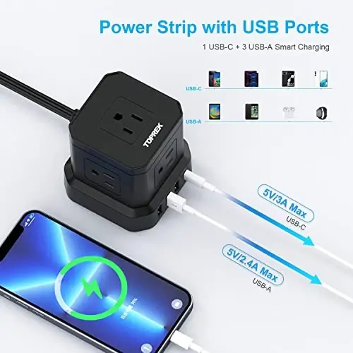 TOPREK Power Strip with USB, USB C (3.0A) Power Strip with 5 Outlets, 1 USB-C & 3 USB-A, 5 FT Flat Extension Cord with Ultra Thin Flat Plug, Surge Protector Compact for Home Office, Dorm, Hotel Travel - 3