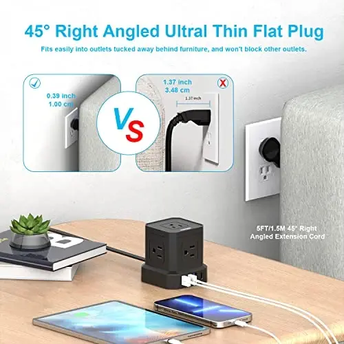 TOPREK Power Strip with USB, USB C (3.0A) Power Strip with 5 Outlets, 1 USB-C & 3 USB-A, 5 FT Flat Extension Cord with Ultra Thin Flat Plug, Surge Protector Compact for Home Office, Dorm, Hotel Travel - 4