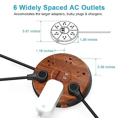Power Strip with USB, PD 20W USB-C Charging, 6.5 FT Extension Cord with 6 Outlets, 1 USB-C, 2 USB-A, TOPREK Power Strip Surge Protector, Wood Finish Desk Charging Station for Home, Office, Dorm - 4