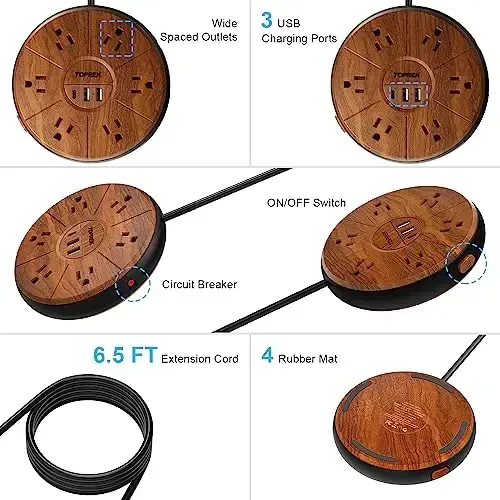 Power Strip with USB, PD 20W USB-C Charging, 6.5 FT Extension Cord with 6 Outlets, 1 USB-C, 2 USB-A, TOPREK Power Strip Surge Protector, Wood Finish Desk Charging Station for Home, Office, Dorm - 6