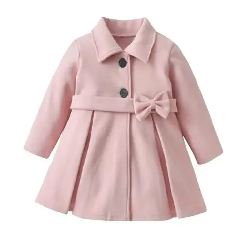USKIDKK Toddler Baby Girl Clothes Jacket Coat Long Sleeve Solid Color Buttons Dress Coat Fall Winter Outfit - 1