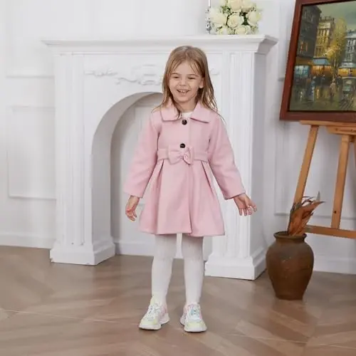 USKIDKK Toddler Baby Girl Clothes Jacket Coat Long Sleeve Solid Color Buttons Dress Coat Fall Winter Outfit - 2