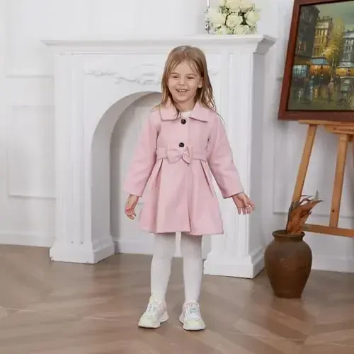 USKIDKK Toddler Baby Girl Clothes Jacket Coat Long Sleeve Solid Color Buttons Dress Coat Fall Winter Outfit - 2