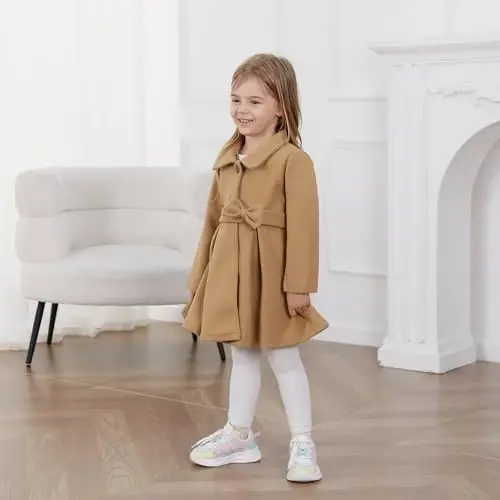 USKIDKK Toddler Baby Girl Clothes Jacket Coat Long Sleeve Solid Color Buttons Dress Coat Fall Winter Outfit - 2