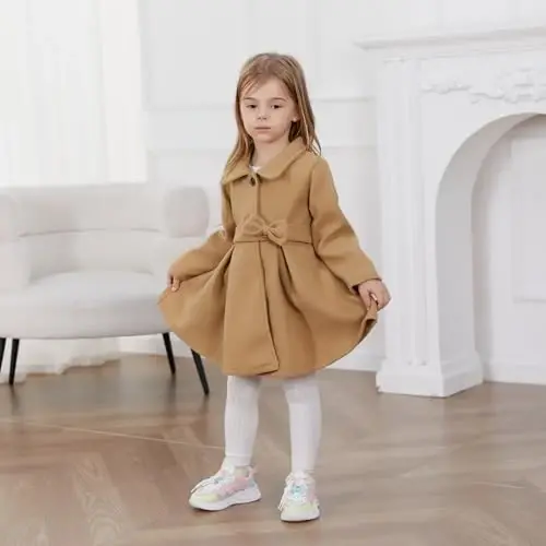 USKIDKK Toddler Baby Girl Clothes Jacket Coat Long Sleeve Solid Color Buttons Dress Coat Fall Winter Outfit - 3