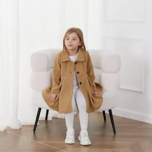 USKIDKK Toddler Baby Girl Clothes Jacket Coat Long Sleeve Solid Color Buttons Dress Coat Fall Winter Outfit - 5