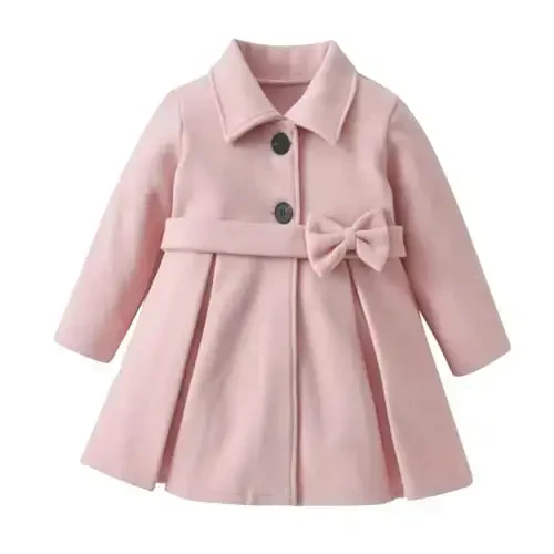 USKIDKK Toddler Baby Girl Clothes Jacket Coat Long Sleeve Solid Color Buttons Dress Coat Fall Winter Outfit - 1