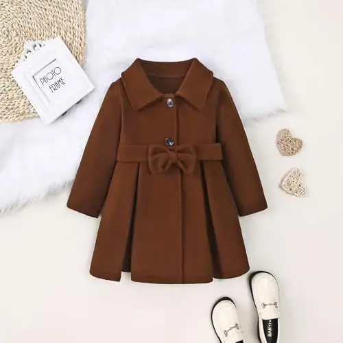 USKIDKK Toddler Baby Girl Clothes Jacket Coat Long Sleeve Solid Color Buttons Dress Coat Fall Winter Outfit - 3