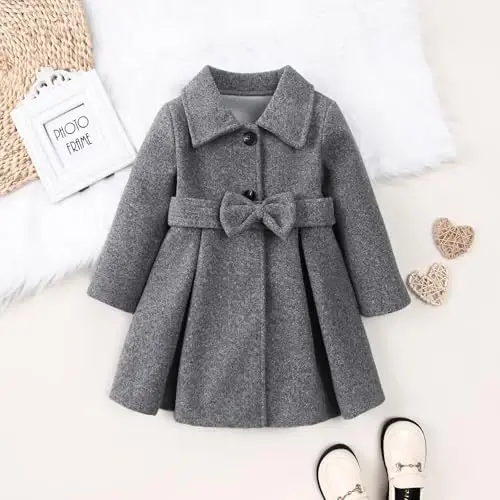 USKIDKK Toddler Baby Girl Clothes Jacket Coat Long Sleeve Solid Color Buttons Dress Coat Fall Winter Outfit - 3