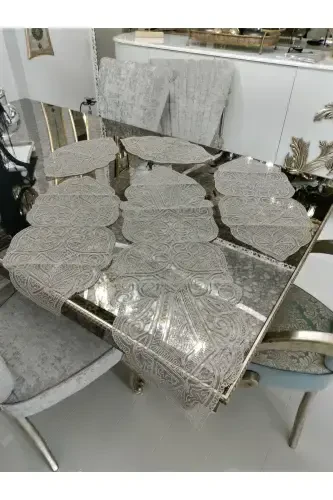 Usmonli 5 Bo'lak Hashamatli Yuguruvchi Salon Xona Stol Divan Qoplami Frantsuz Dantelli Sep Komplekti-Sutli Jigarrang - 3