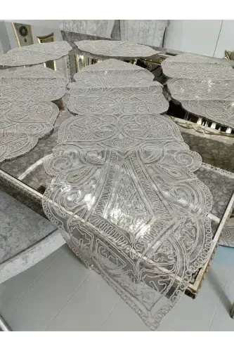 Usmonli 5 Bo'lak Hashamatli Yuguruvchi Salon Xona Stol Divan Qoplami Frantsuz Dantelli Sep Komplekti-Sutli Jigarrang - 4