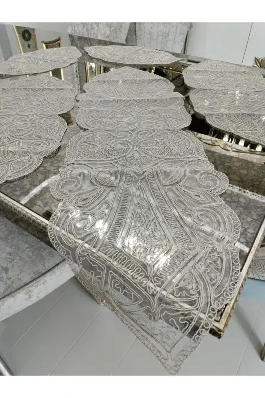 Usmonli 5 Bo'lak Hashamatli Yuguruvchi Salon Xona Stol Divan Qoplami Frantsuz Dantelli Sep Komplekti-Sutli Jigarrang - 4