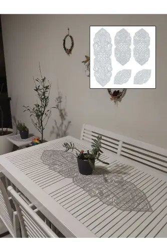 Usmonli 5 Parça Lyuks Runner Salon Xona Stol Divan Qoplami To'plami Frantsuz Gipyurlu Sep-Grey - 1
