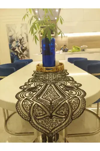 Usmonli 5 qismli hashamatli yuguruvchi salon xona stol sehpa qoplamasi to'plami fransuz gipyurli sep to'plami-qora - 3