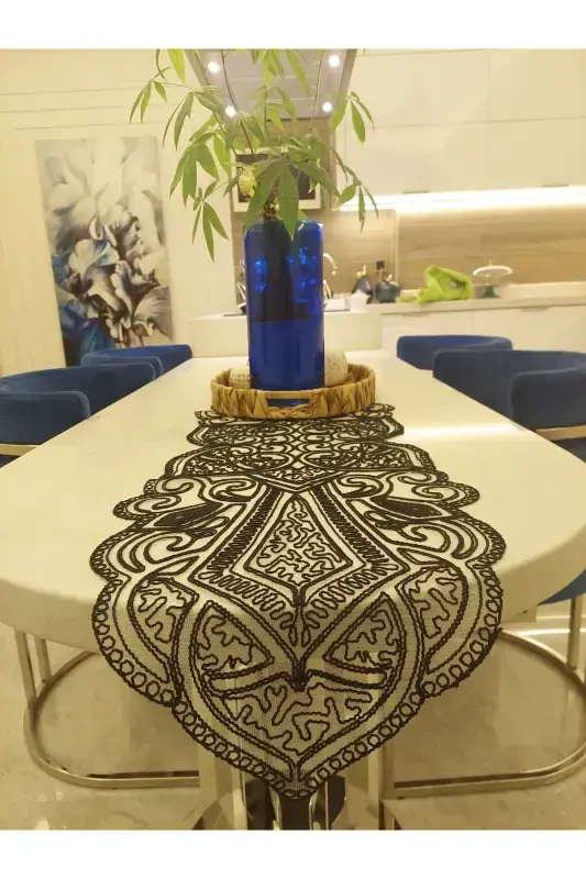 Usmonli 5 qismli hashamatli yuguruvchi salon xona stol sehpa qoplamasi to'plami fransuz gipyurli sep to'plami-qora - 3