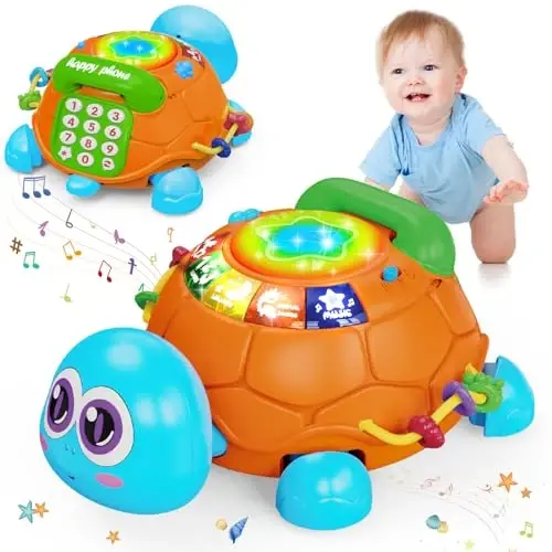 Ussybaby 6 oydan 12 oygacha bo'lgan chaqaloq o'yinchoqlari, telefon qo'l barabani bilan emaklovchi musiqa toshbaqasi, 7 8 9 10 18 oylik 1-2 yoshli qiz bola uchun sovg'a (ko'k) - USSYBABY