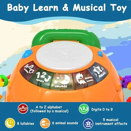 Ussybaby 6 oydan 12 oygacha bo'lgan chaqaloq o'yinchoqlari, telefon qo'l barabani bilan emaklovchi musiqa toshbaqasi, 7 8 9 10 18 oylik 1-2 yoshli qiz bola uchun sovg'a (ko'k) - 3