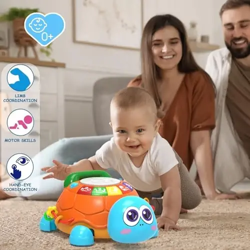 Ussybaby 6 oydan 12 oygacha bo'lgan chaqaloq o'yinchoqlari, telefon qo'l barabani bilan emaklovchi musiqa toshbaqasi, 7 8 9 10 18 oylik 1-2 yoshli qiz bola uchun sovg'a (ko'k) - 5