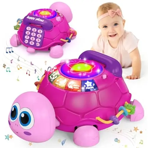 Ussybaby Baby Infant Light up Music Turtle Toys, 6 oylikdan 12 oylikgacha bo'lgan chaqaloq o'yinchoqlari telefon bilan, chaqaloq qizlar uchun o'yinchoqlar 7 8 9 10 11 oylik 1-2 yoshli yangi tug'ilgan qiz bolaga sovg'a (pushti) 