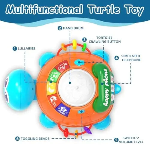 Ussybaby Baby Toys 6 to 12 Months,Infant Musical Turtle Crawling Toy with Phone Hand Drum, Baby Toy 7 8 9 10 18 Months 1-2 Year Old Girl Boy Gift (Blue) - 2