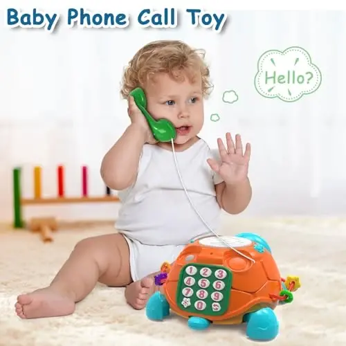 Ussybaby Baby Toys 6 to 12 Months,Infant Musical Turtle Crawling Toy with Phone Hand Drum, Baby Toy 7 8 9 10 18 Months 1-2 Year Old Girl Boy Gift (Blue) - 4