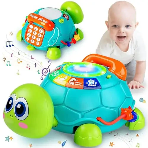 Ussybaby Baby Crawling Toys 6 to 12 Months, Infant Turtle Musical Toys with Phone Hand Drum，Baby 7 8 9 10 11 Months 1-2 Year Old Boy Girl Gift Green - 1