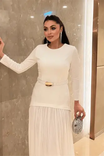 Üst Atlas Alt Şifon Kumaş Elbise - BEYAZ - 4