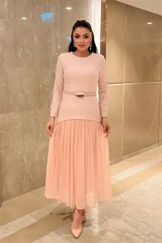 Üst Atlas Alt Şifon Kumaş Elbise - PEMBE - 1