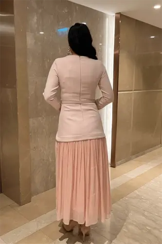 Üst Atlas Alt Şifon Kumaş Elbise - PEMBE - 5